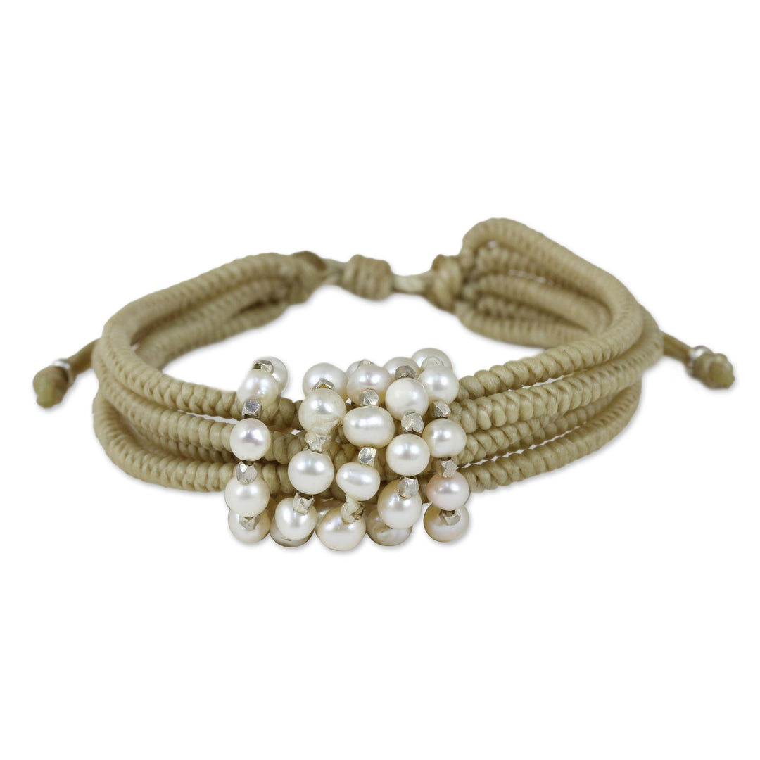 Thai Beige Wristband Bracelet with Cultured Pearls - All My Love in Beige