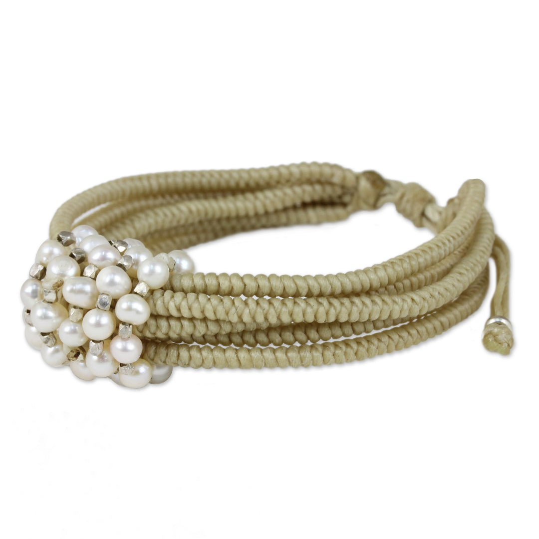 Thai Beige Wristband Bracelet with Cultured Pearls - All My Love in Beige