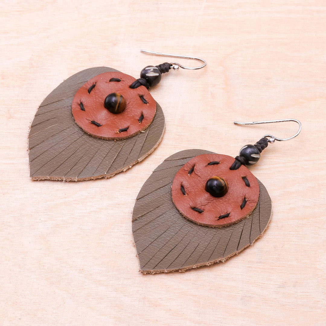 Hand Crafted Tiger's Eye and Leather Leaf Dangle Earrings - Aurora Leaves
