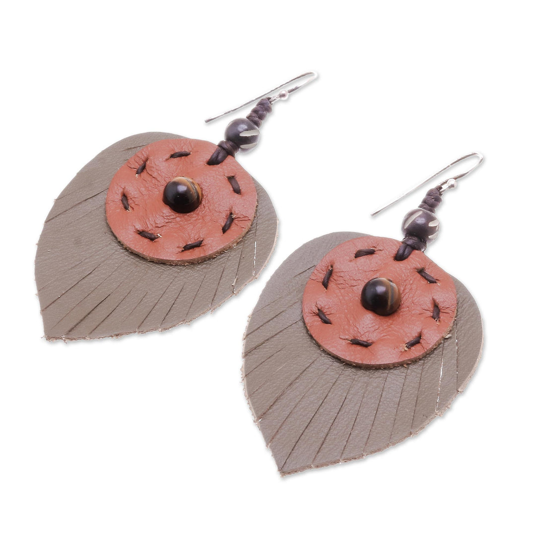 Hand Crafted Tiger's Eye and Leather Leaf Dangle Earrings - Aurora Leaves