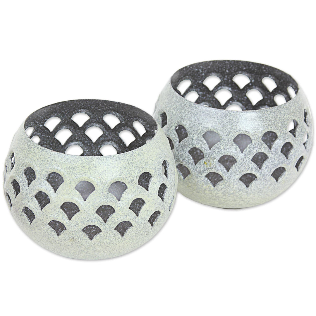 Green Steel Lattice Tealight Candleholders (Pair) - Green Jali Lattice