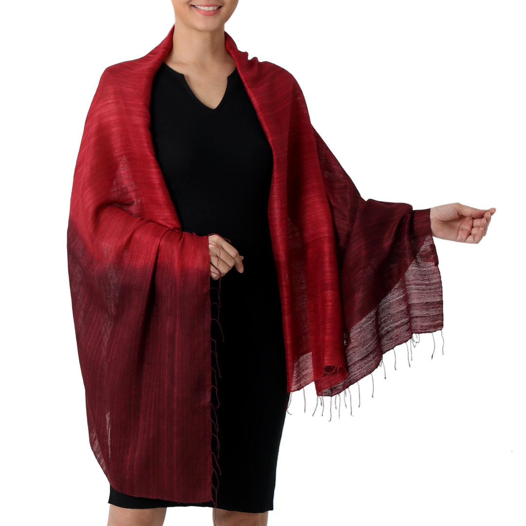 Artisan Crafted 100% Silk Shawl with Fringe from Thailand - Red Peony