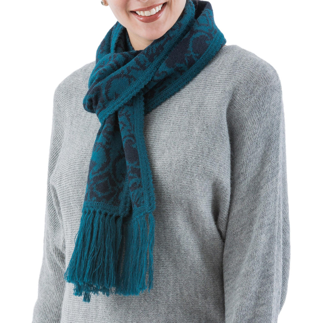 Turquoise and Blue Reversible Alpaca Blend Jacquard Scarf - Turquoise and Blueberry
