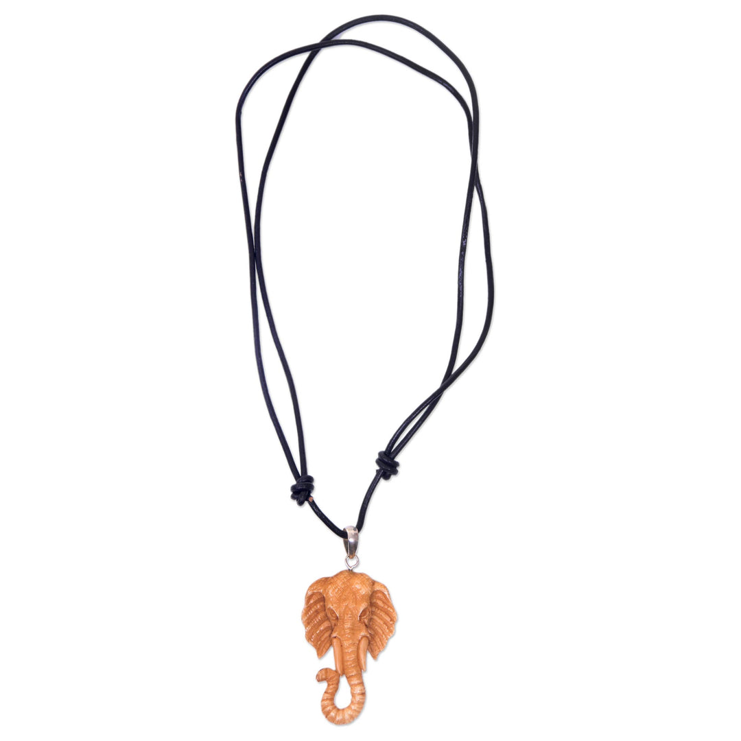 Artisan Crafted Brown Elephant Necklace in Leather and Bone - Spirit of the Elephant