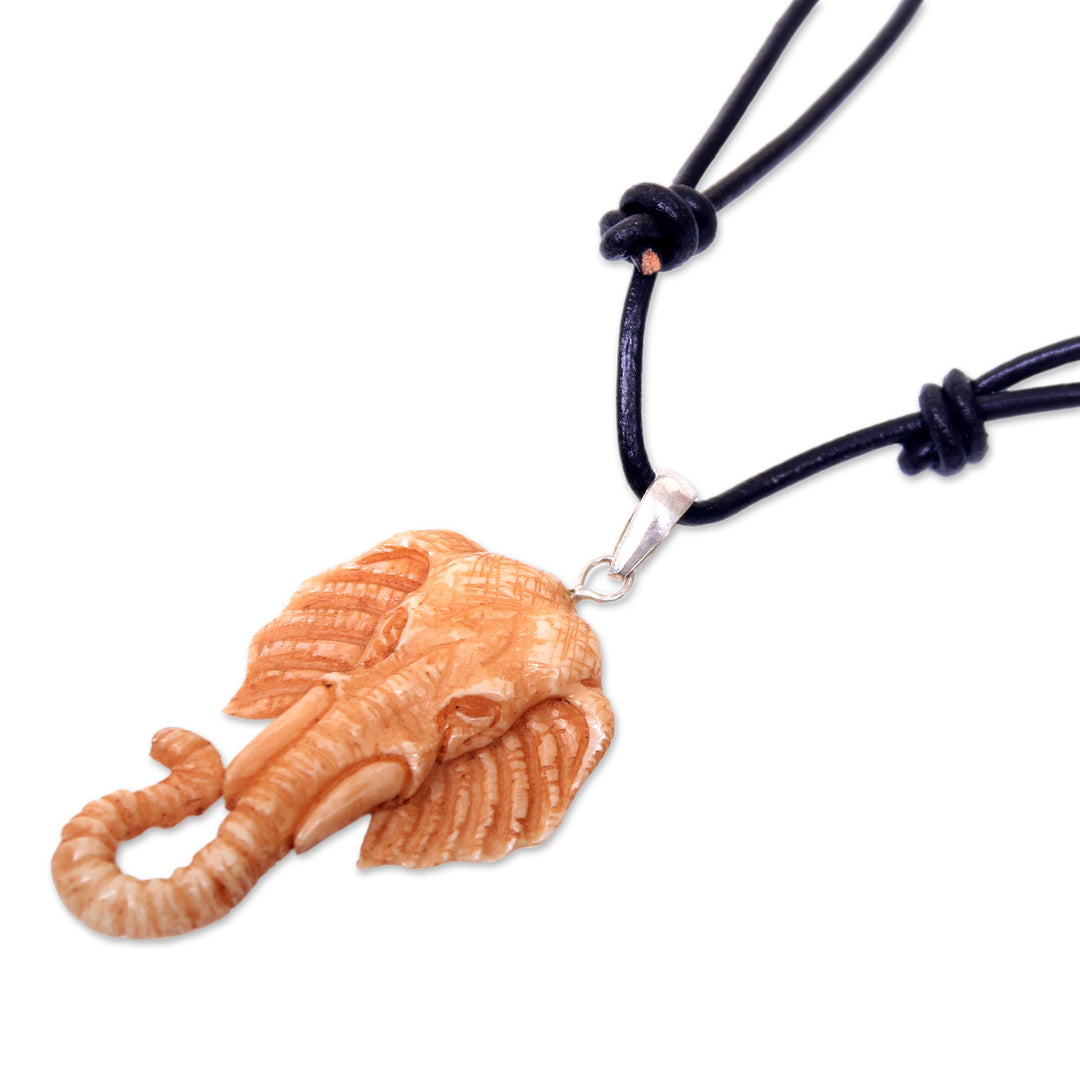 Artisan Crafted Brown Elephant Necklace in Leather and Bone - Spirit of the Elephant