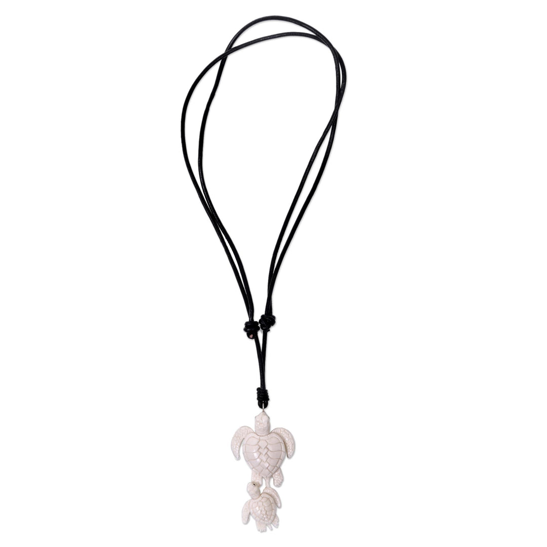 Handcrafted White Turtle Pendant and Leather Cord Necklace - Swimming with Mother