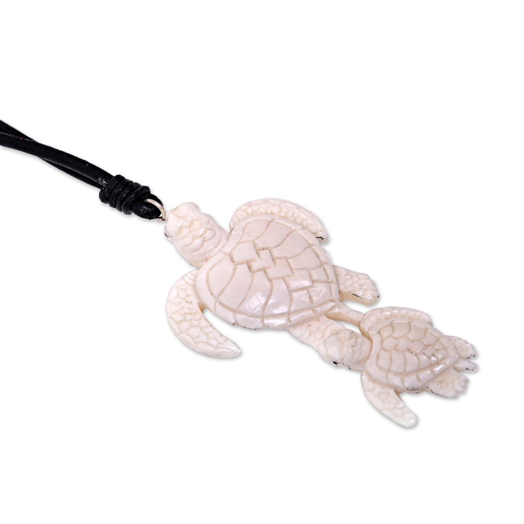 Handcrafted White Turtle Pendant and Leather Cord Necklace - Swimming with Mother
