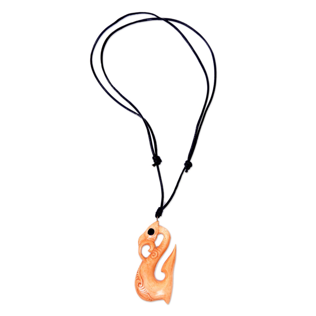 Abstract Bone Pendant Necklace with Leather Cord from Bali - Rippled