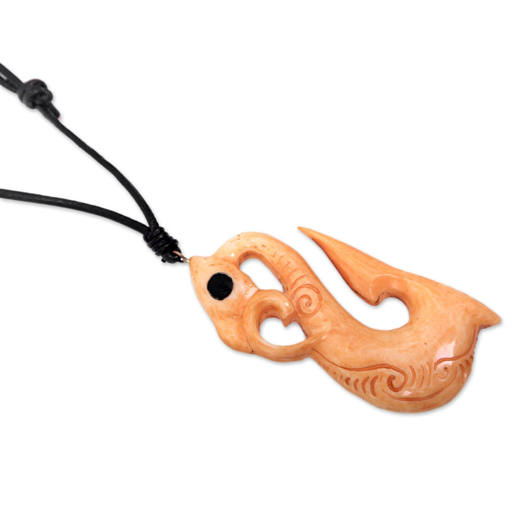 Abstract Bone Pendant Necklace with Leather Cord from Bali - Rippled