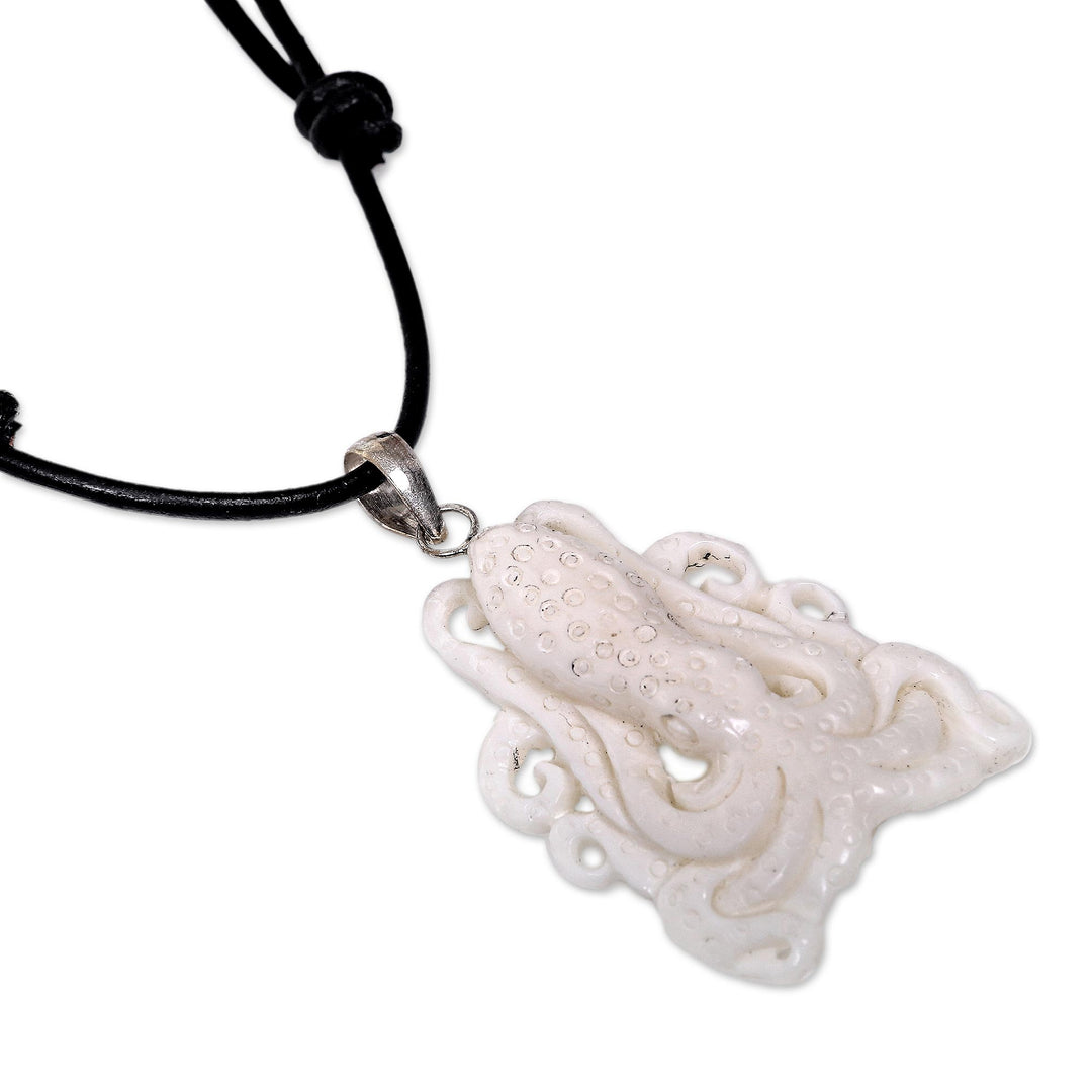 White Octopus Pendant Necklace Hand Carved of Bone - White Bali Octopus