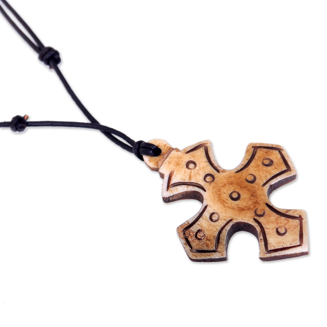 Cross Bone Pendant Necklace with Leather Cord from Bali - Sacred Bone