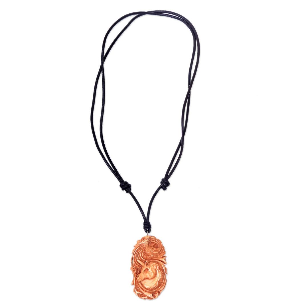 Artisan Crafted Unicorn Necklace in Bone on a Leather Cord - Unicorn and Phoenix