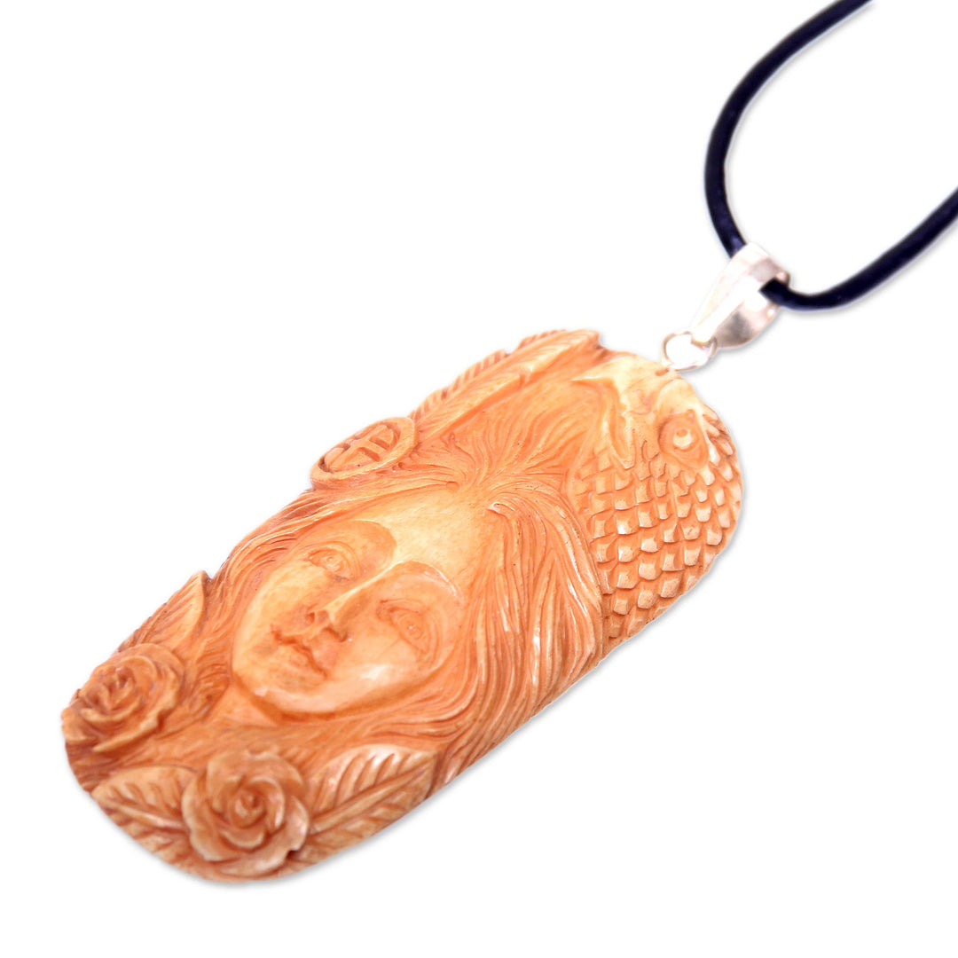 Carved Bone Pendant Necklace with Eagle Made in Indonesia - Lady of the Woods
