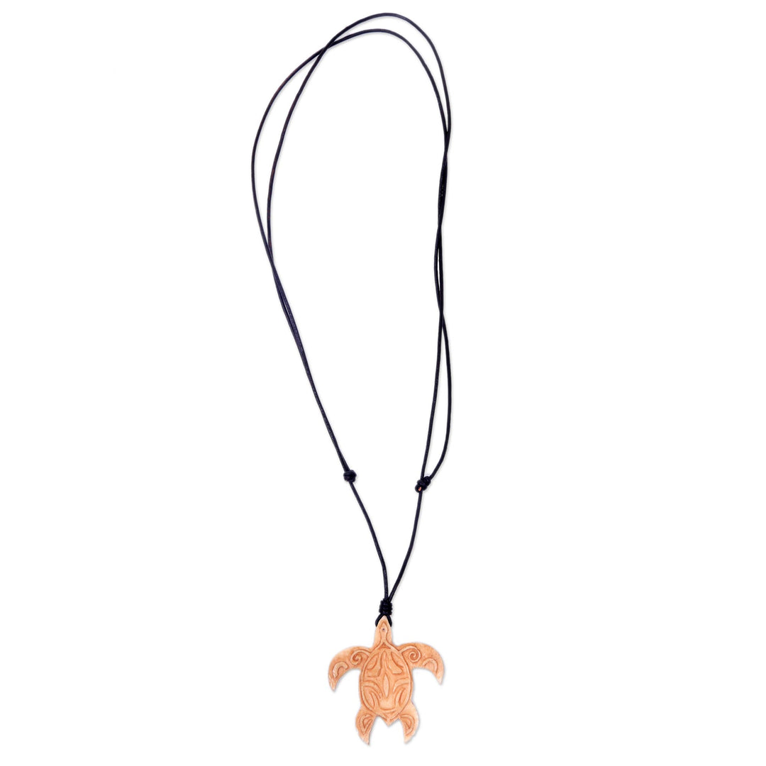 Turtle Bone Pendant Necklace with Leather Cord from Bali - Gliding Turtle