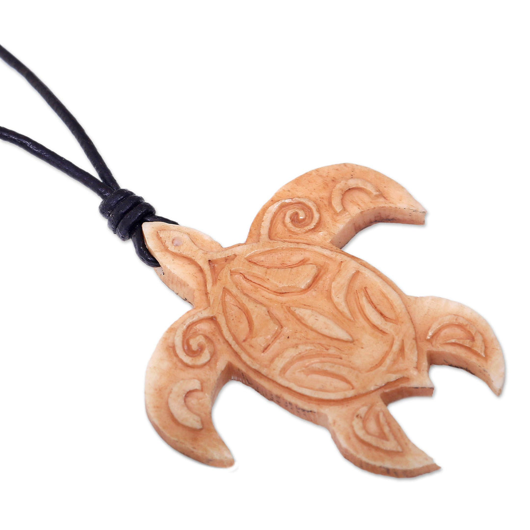 Turtle Bone Pendant Necklace with Leather Cord from Bali - Gliding Turtle
