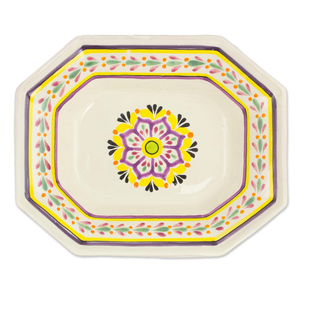 Octagonal Majolica Ceramic Serving Bowl in Purple and Yellow - Octagonal Mexican Lavender'