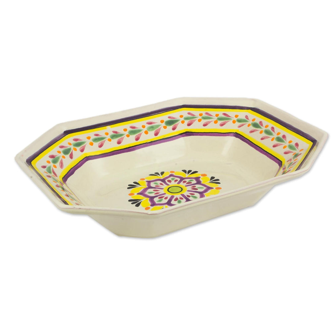 Octagonal Majolica Ceramic Serving Bowl in Purple and Yellow - Octagonal Mexican Lavender'