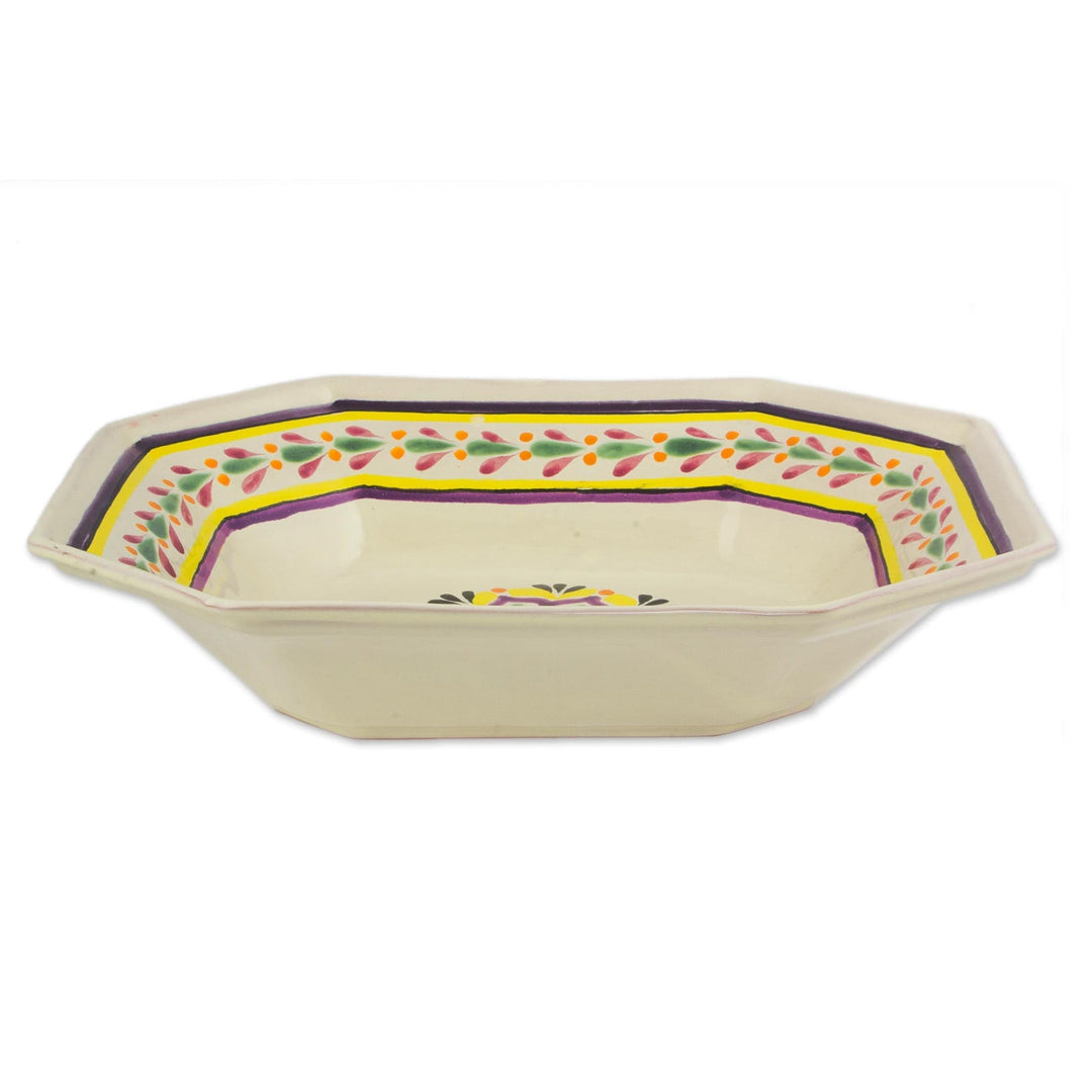 Octagonal Majolica Ceramic Serving Bowl in Purple and Yellow - Octagonal Mexican Lavender'