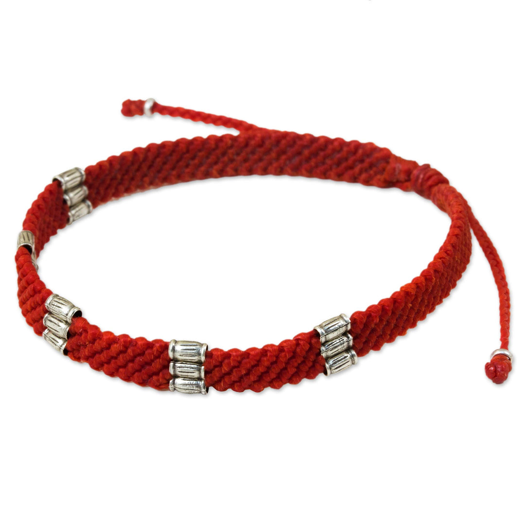 950 Silver Accent Braided Wristband Bracelet from Thailand - Karen Bamboo in Scarlet