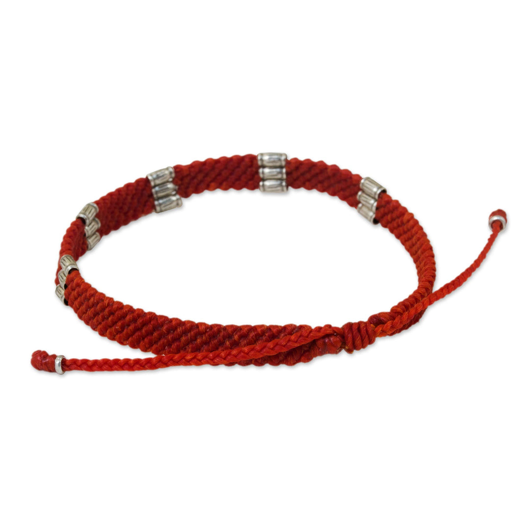 950 Silver Accent Braided Wristband Bracelet from Thailand - Karen Bamboo in Scarlet