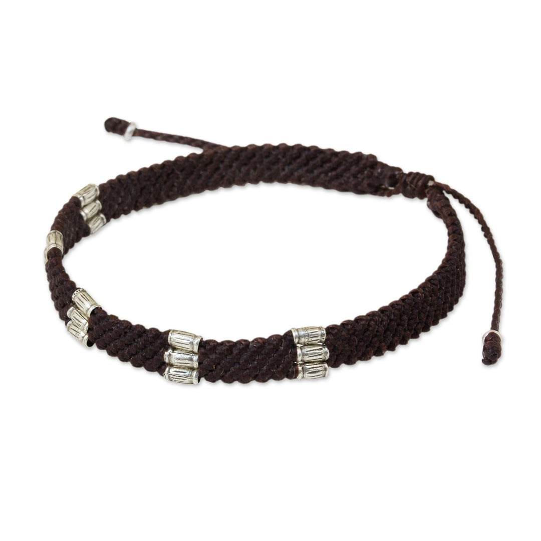 Silver Accent Wristband Bracelet from Thailand - Karen Bamboo in Coffee