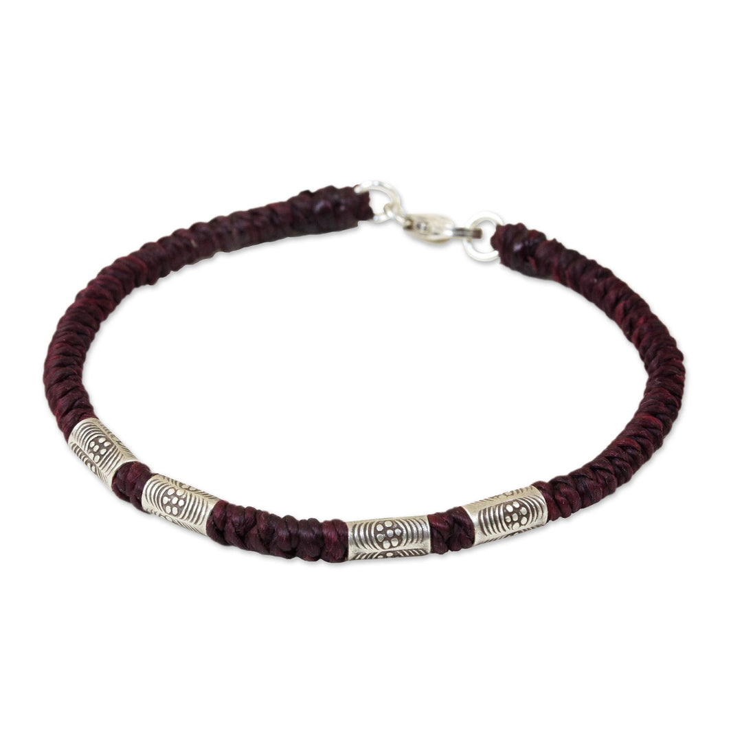 950 Silver Accent Wristband Braided Bracelet from Thailand - Simply Happy in Maroon