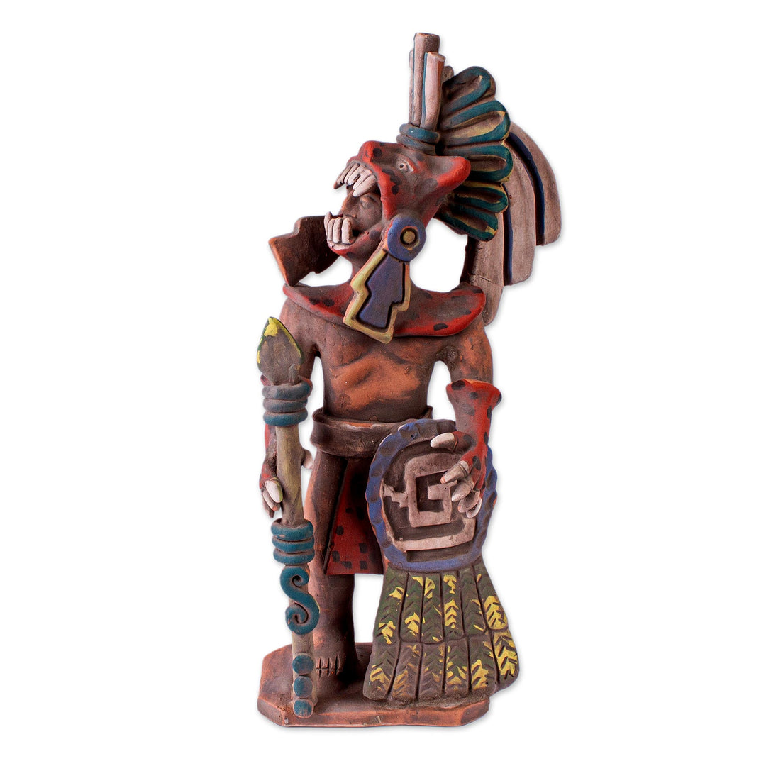 Realistic Ceramic Sculpture of an Aztec Jaguar Warrior - Fierce Aztec Jaguar Warrior