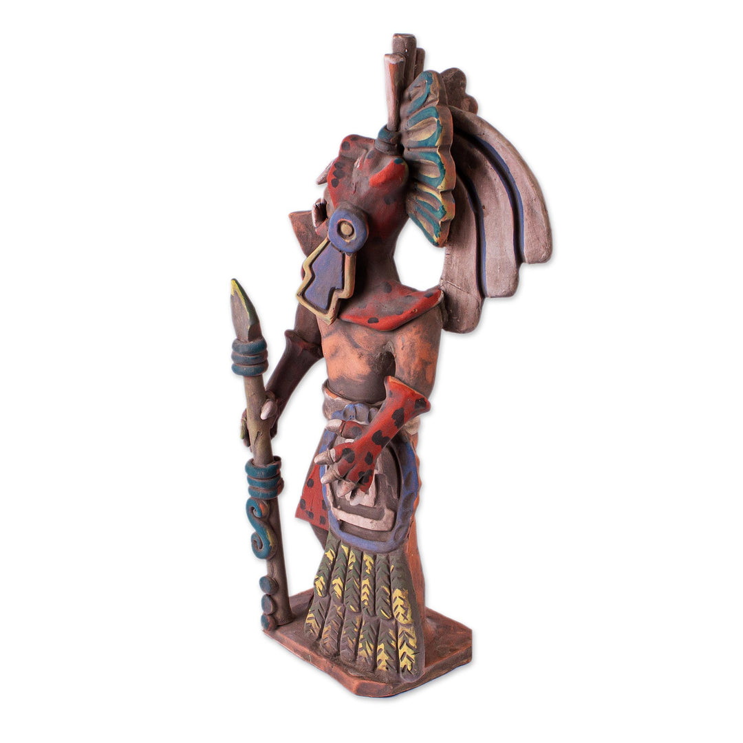 Realistic Ceramic Sculpture of an Aztec Jaguar Warrior - Fierce Aztec Jaguar Warrior