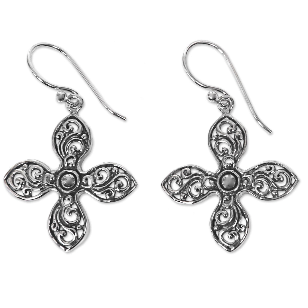 Handcrafted Floral Silver Cross Shaped Earrings from Bali - Melati Cross