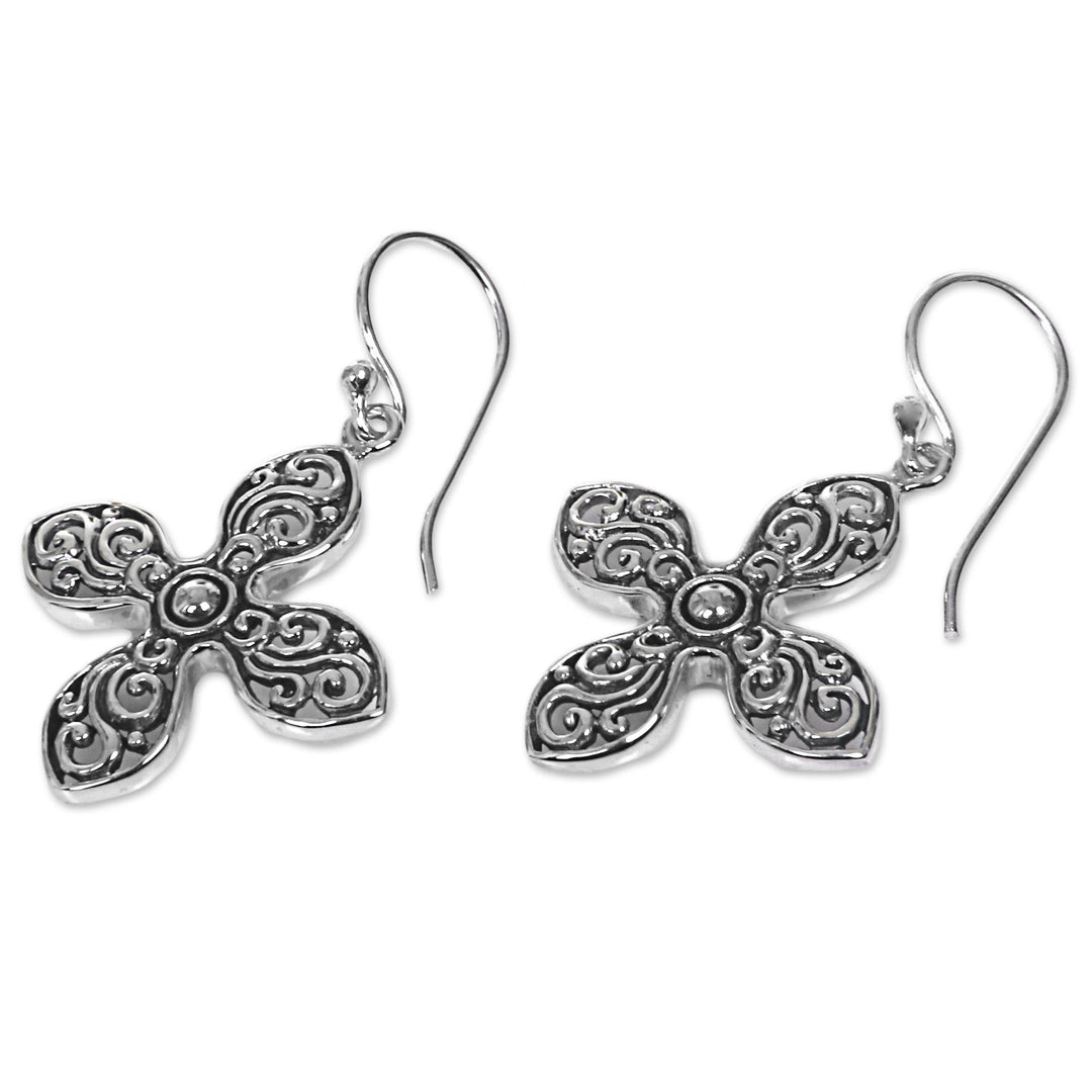 Handcrafted Floral Silver Cross Shaped Earrings from Bali - Melati Cross