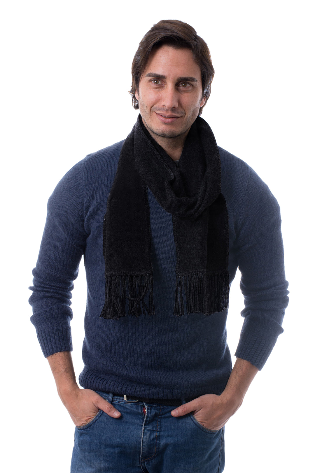 Woven Alpaca Blend Scarf for Men in Solid Black - Ebony Gift of Warmth