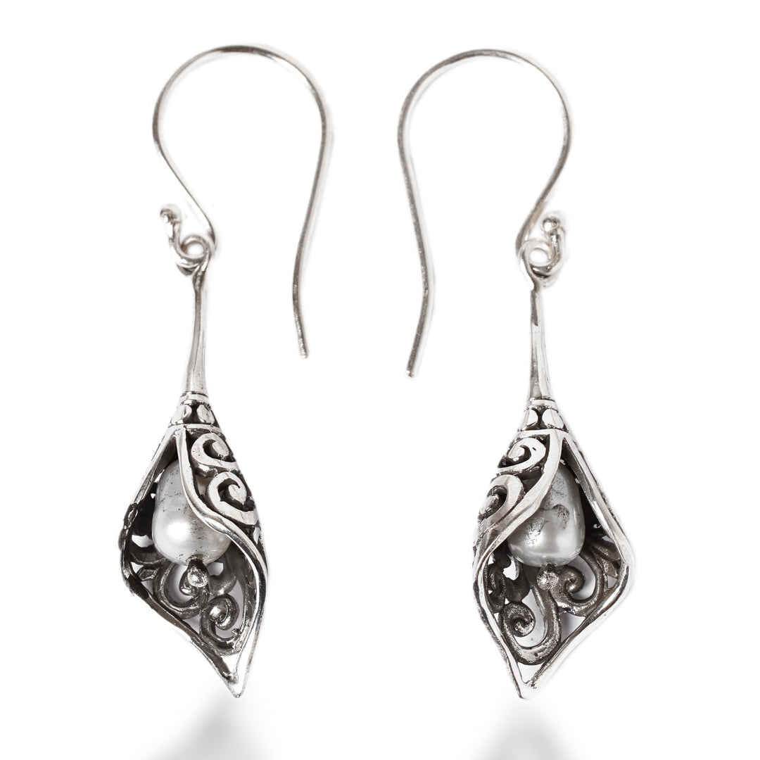 Balinese Cultured Pearl Earrings Crafted of Sterling Silver - White Calla Lily