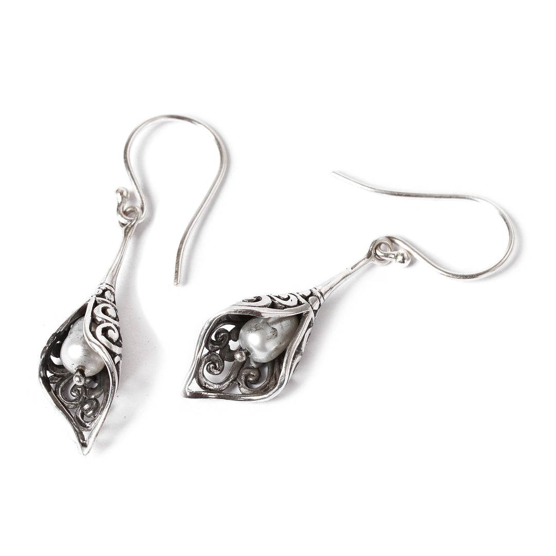 Balinese Cultured Pearl Earrings Crafted of Sterling Silver - White Calla Lily