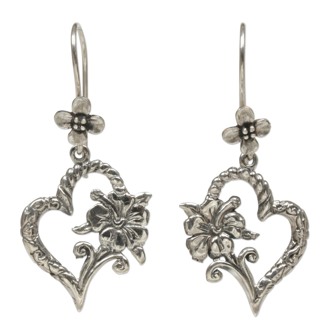 Indonesian 925 Sterling Silver Flower Heart Dangle Earrings - Hibiscus Bloom