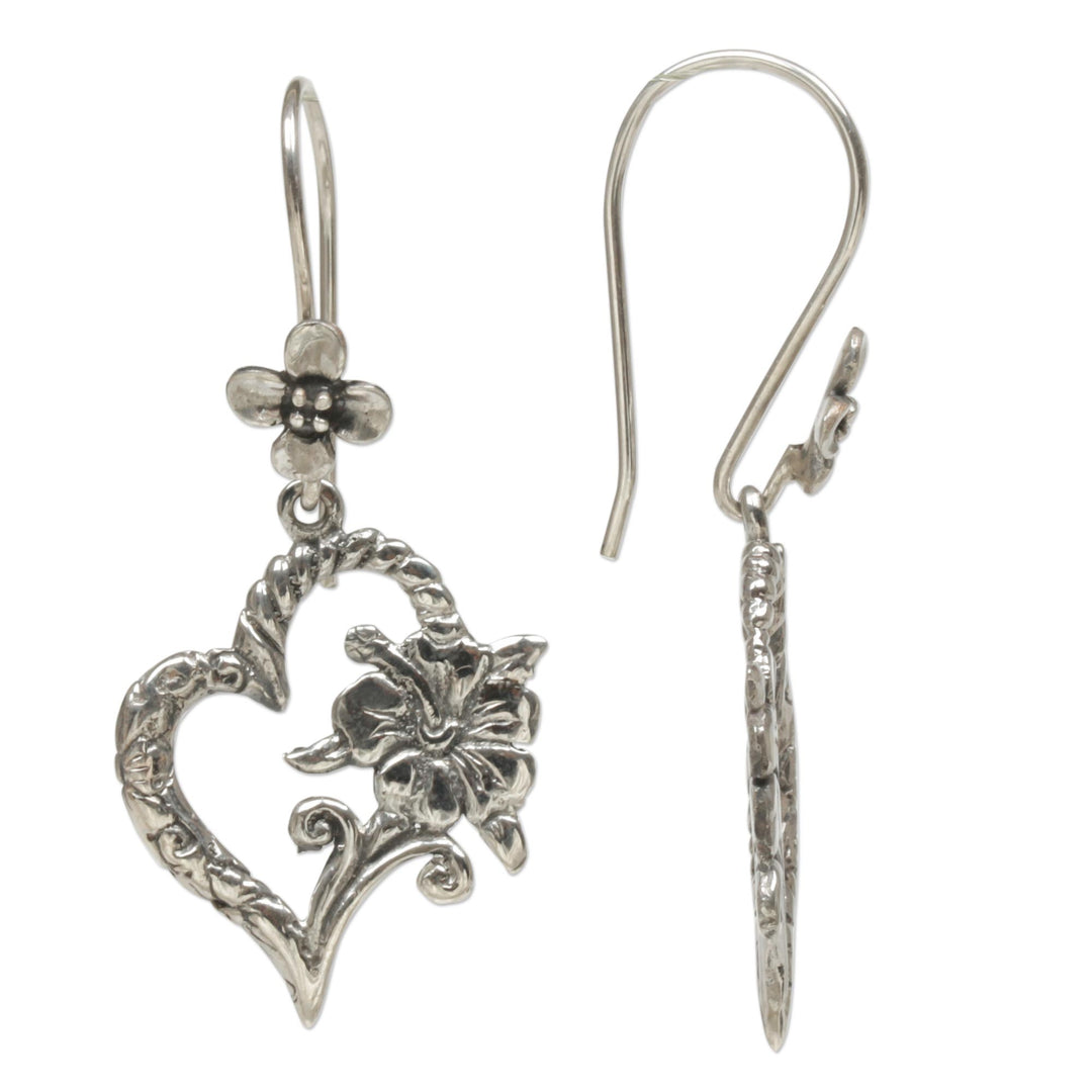 Indonesian 925 Sterling Silver Flower Heart Dangle Earrings - Hibiscus Bloom