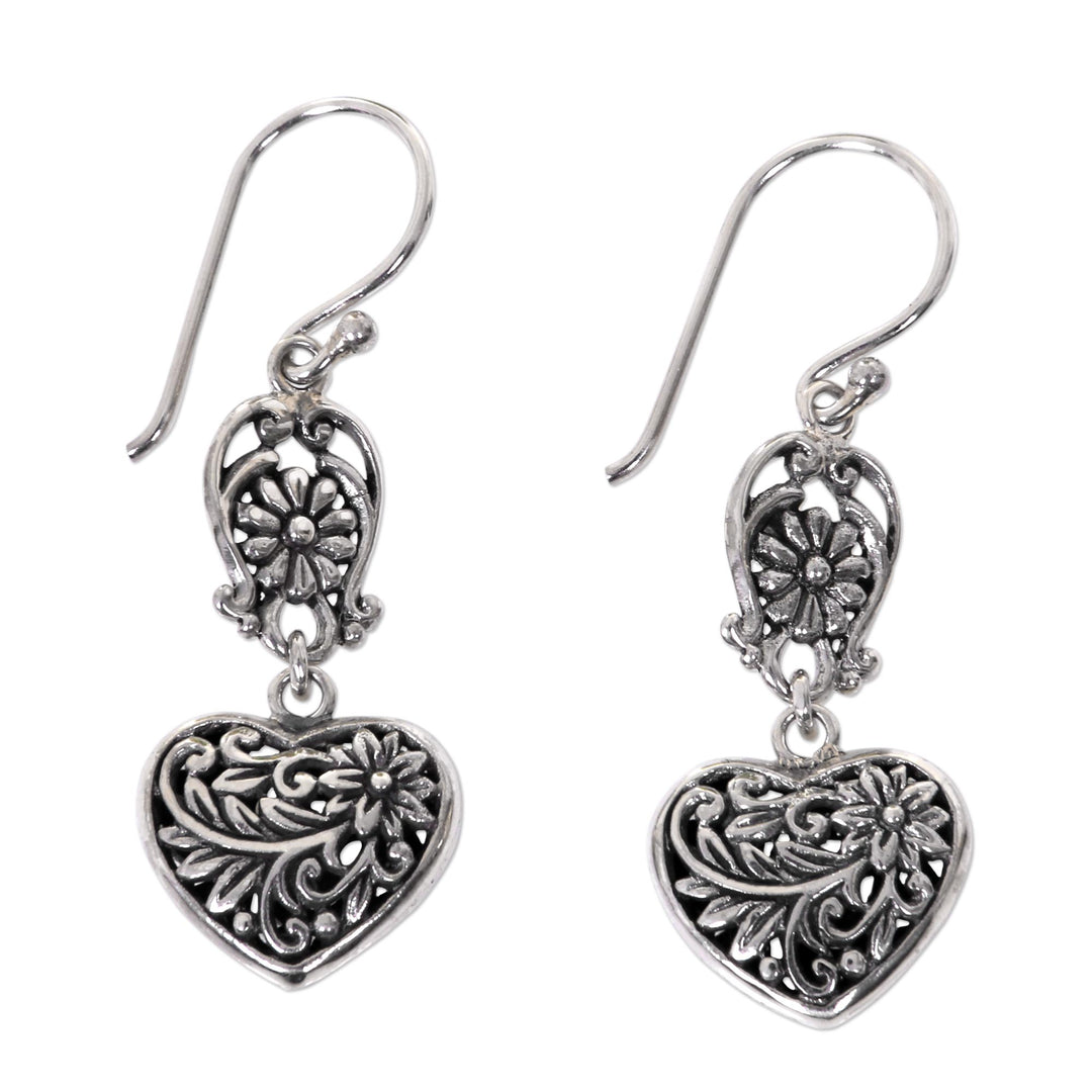 Heart-Shaped Sterling Silver Dangle Earrings from Bali - Blooming Hearts