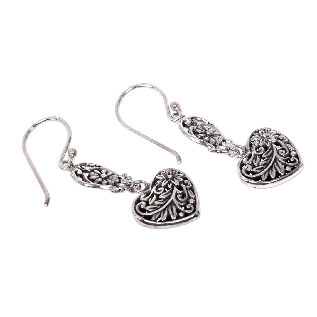 Heart-Shaped Sterling Silver Dangle Earrings from Bali - Blooming Hearts