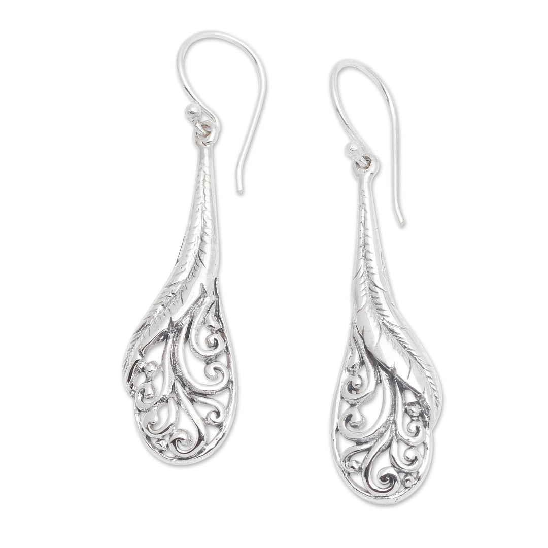 Hand Made Sterling Silver Feather Dangle Earrings Indonesia - Floating Peacock Feathers