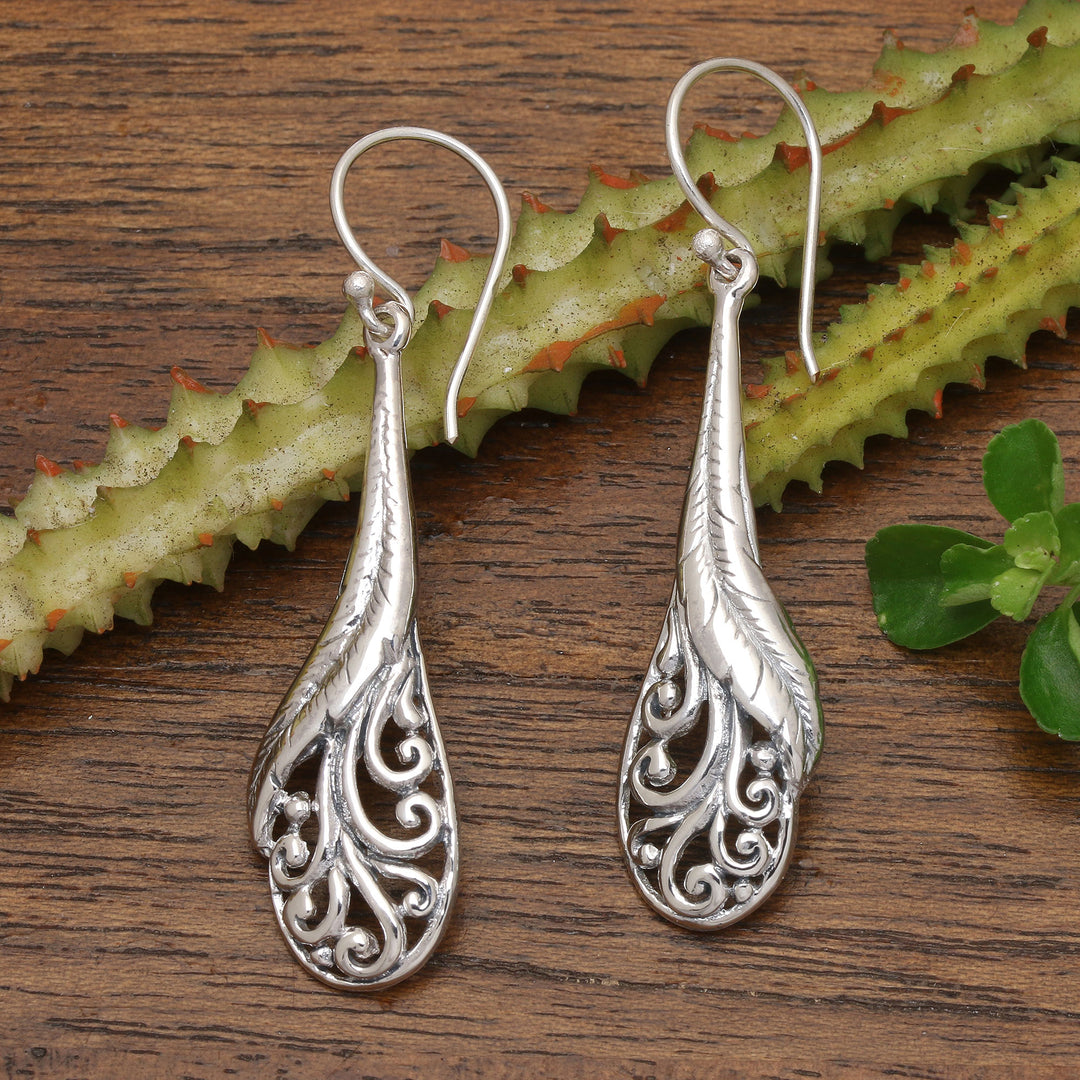 Hand Made Sterling Silver Feather Dangle Earrings Indonesia - Floating Peacock Feathers