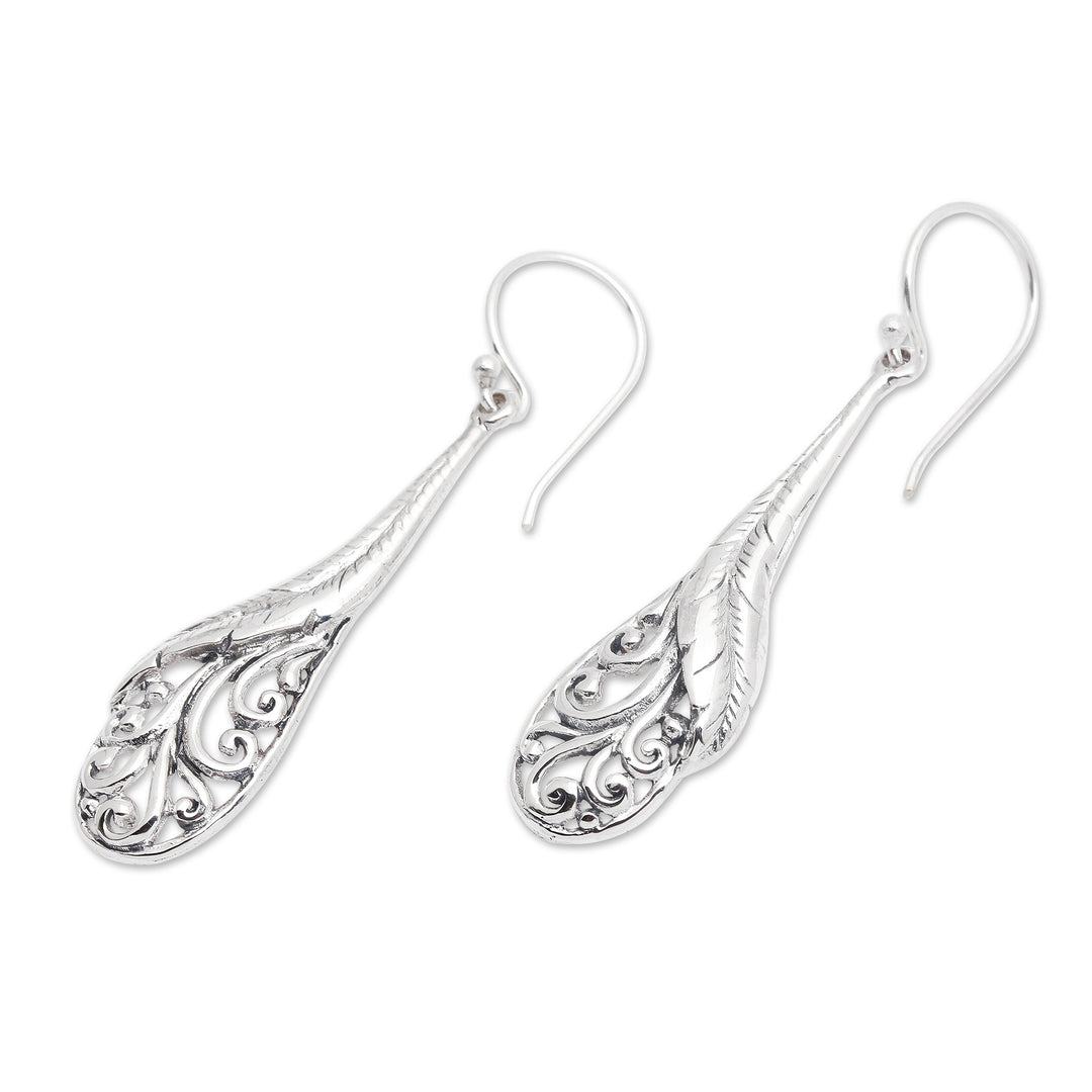 Hand Made Sterling Silver Feather Dangle Earrings Indonesia - Floating Peacock Feathers