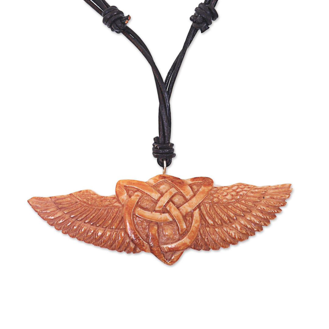 Hand Carved Cow Bone Celtic Pendant Leather Cord Necklace - Celtic Wings
