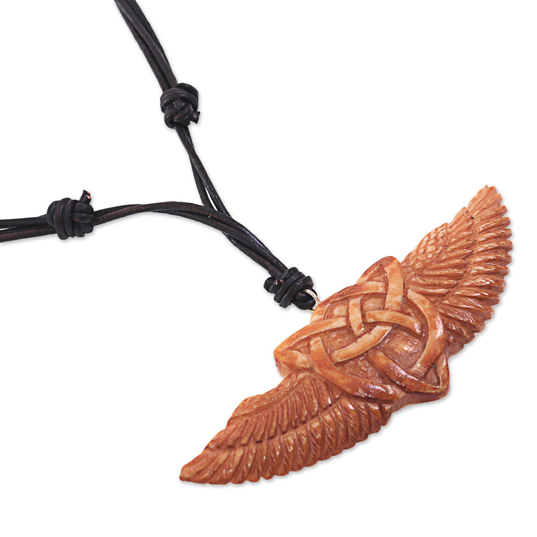 Hand Carved Cow Bone Celtic Pendant Leather Cord Necklace - Celtic Wings