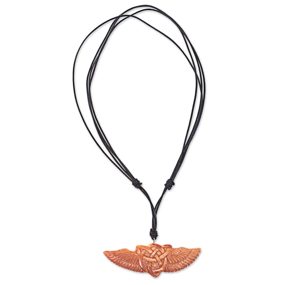 Hand Carved Cow Bone Celtic Pendant Leather Cord Necklace - Celtic Wings