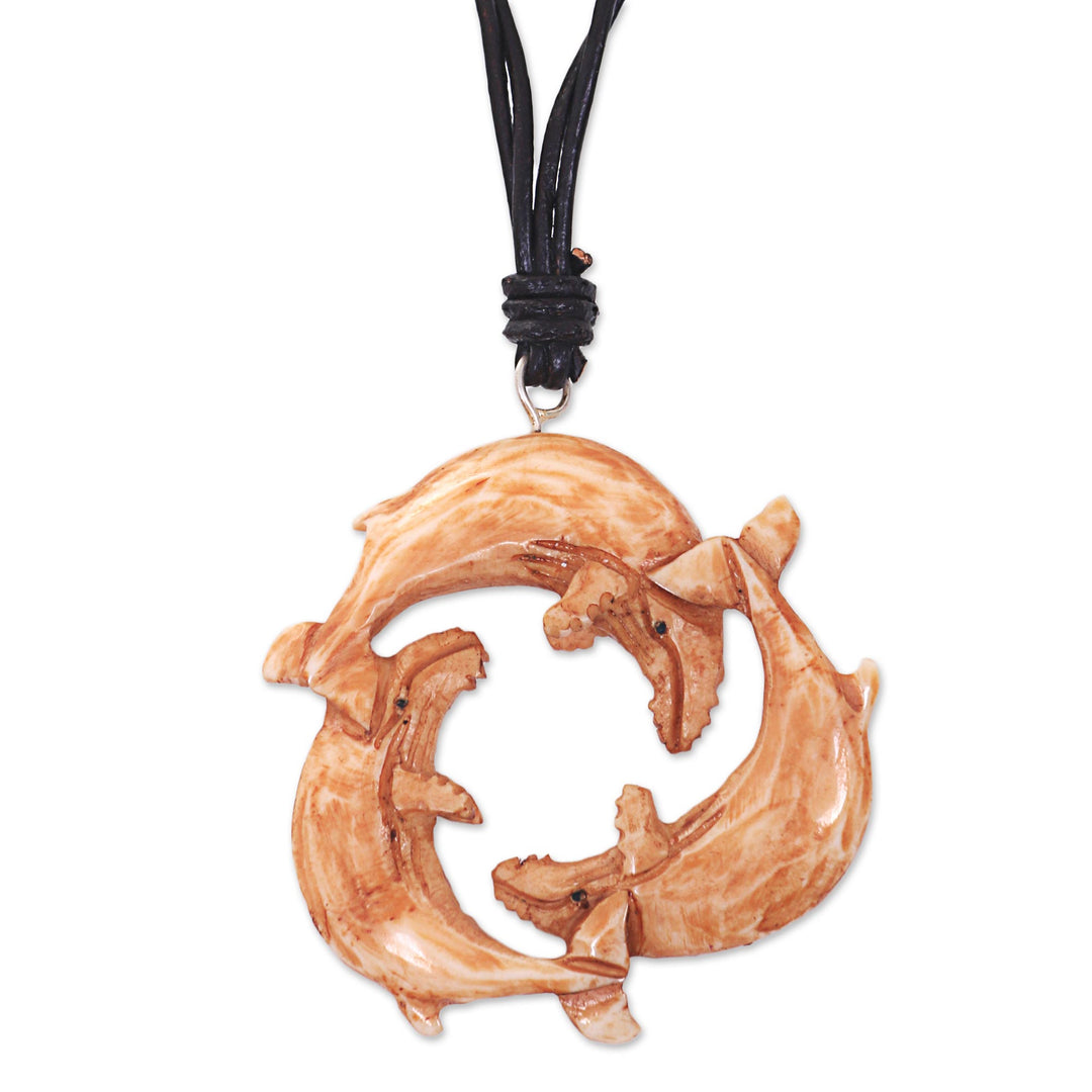 Leather Necklace with a Hand Carved Bone Whale Pendant - Frolicking Whales