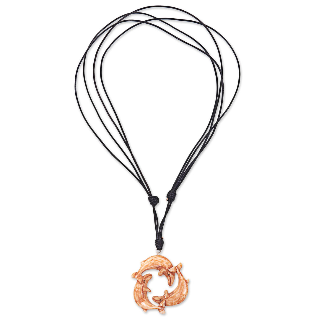 Leather Necklace with a Hand Carved Bone Whale Pendant - Frolicking Whales