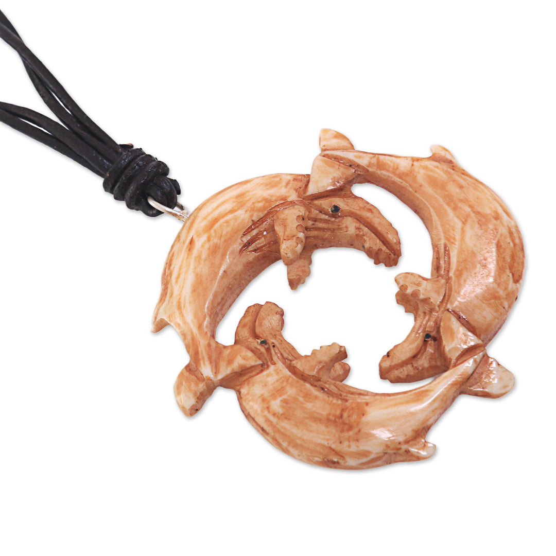 Leather Necklace with a Hand Carved Bone Whale Pendant - Frolicking Whales