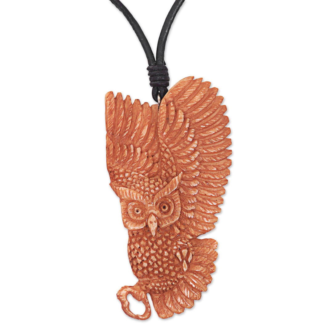 Owl Bone Pendant Necklace with Leather Cord from Bali - Guardian Owl