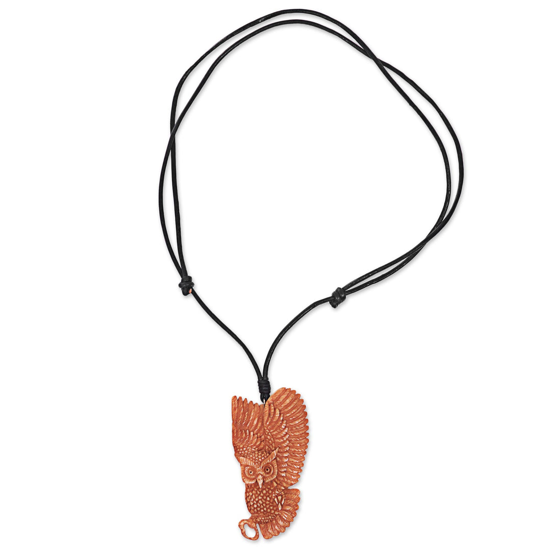 Owl Bone Pendant Necklace with Leather Cord from Bali - Guardian Owl