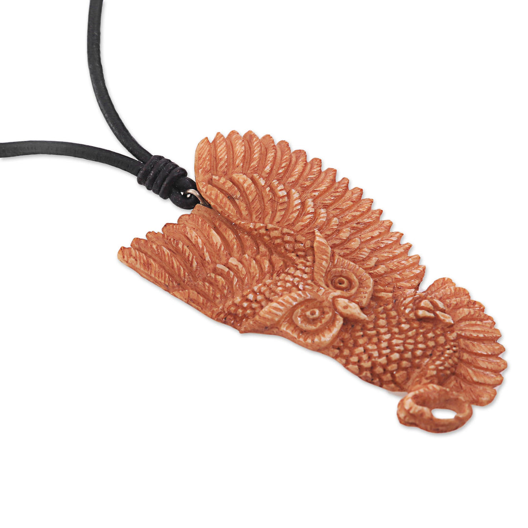 Owl Bone Pendant Necklace with Leather Cord from Bali - Guardian Owl