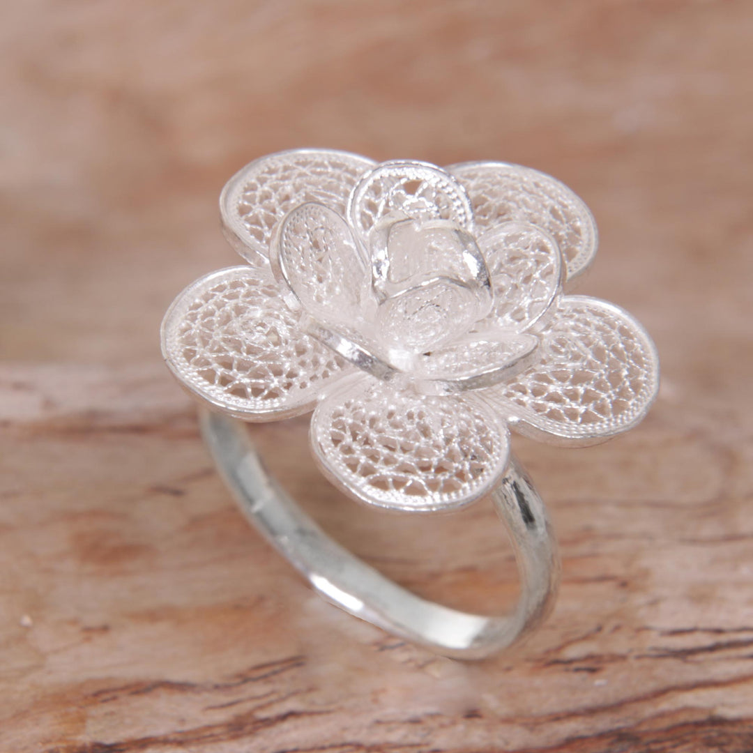 Hand Made Sterling Silver Filigree Cocktail Ring - Hopeful Lotus